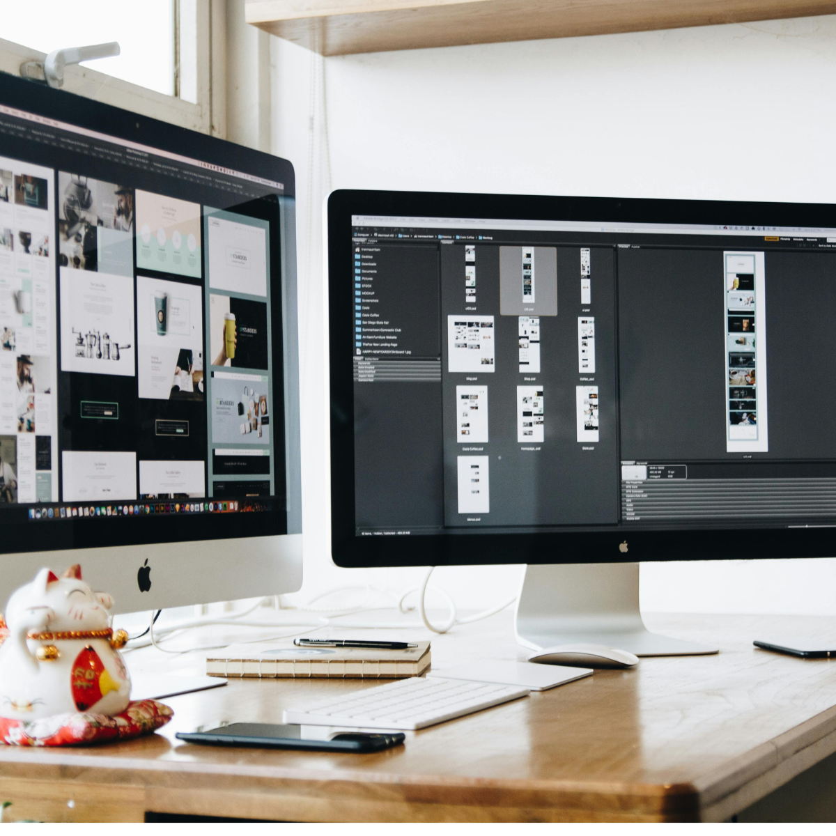 Dual desktop screens sit on a desk. Both displays have design software open and visible.